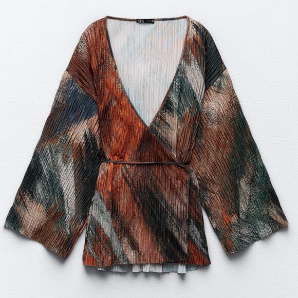 NWT Zara V-Neck Printed Pleated Self Tie Kimono Top Sz: Small - Picture 4 of 8